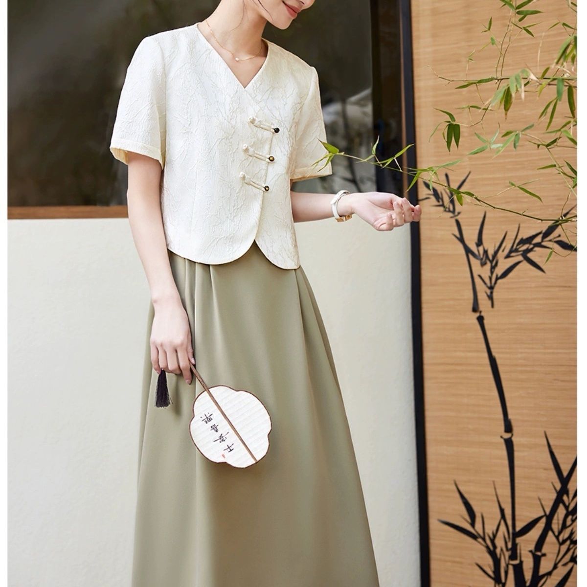 New Chinese Style Two-Piece Dress Set Women Summer Retro Textured Short Sleeve Top Cami Skirt - Style a86447