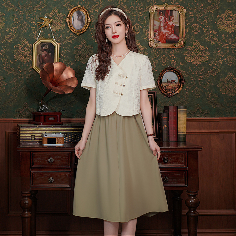 New Chinese Style Two-Piece Dress Set Women Summer Retro Textured Short Sleeve Top Cami Skirt - Style d4bffd