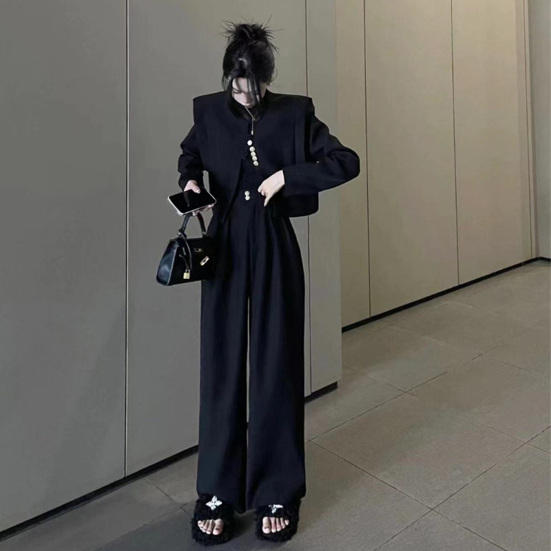 New Chinese Style Two-Piece Set for Women | Black Long Sleeve Slim Fit Top and Pants