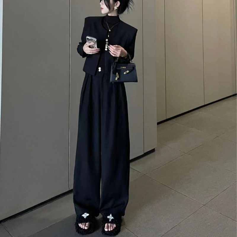 New Chinese Style Two-Piece Set for Women | Black Long Sleeve Slim Fit Top and Pants - Image 3