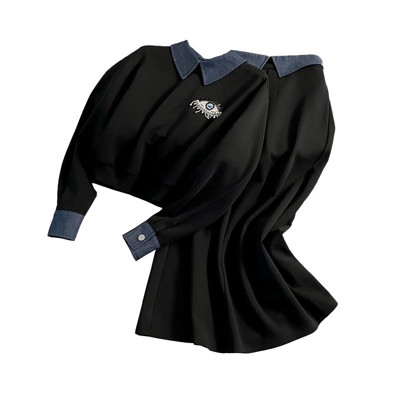 Premium Black Fashion Two-Piece Skirt Set for Women 2025 Spring Denim Spliced Hoodie and Skirt - Image 5