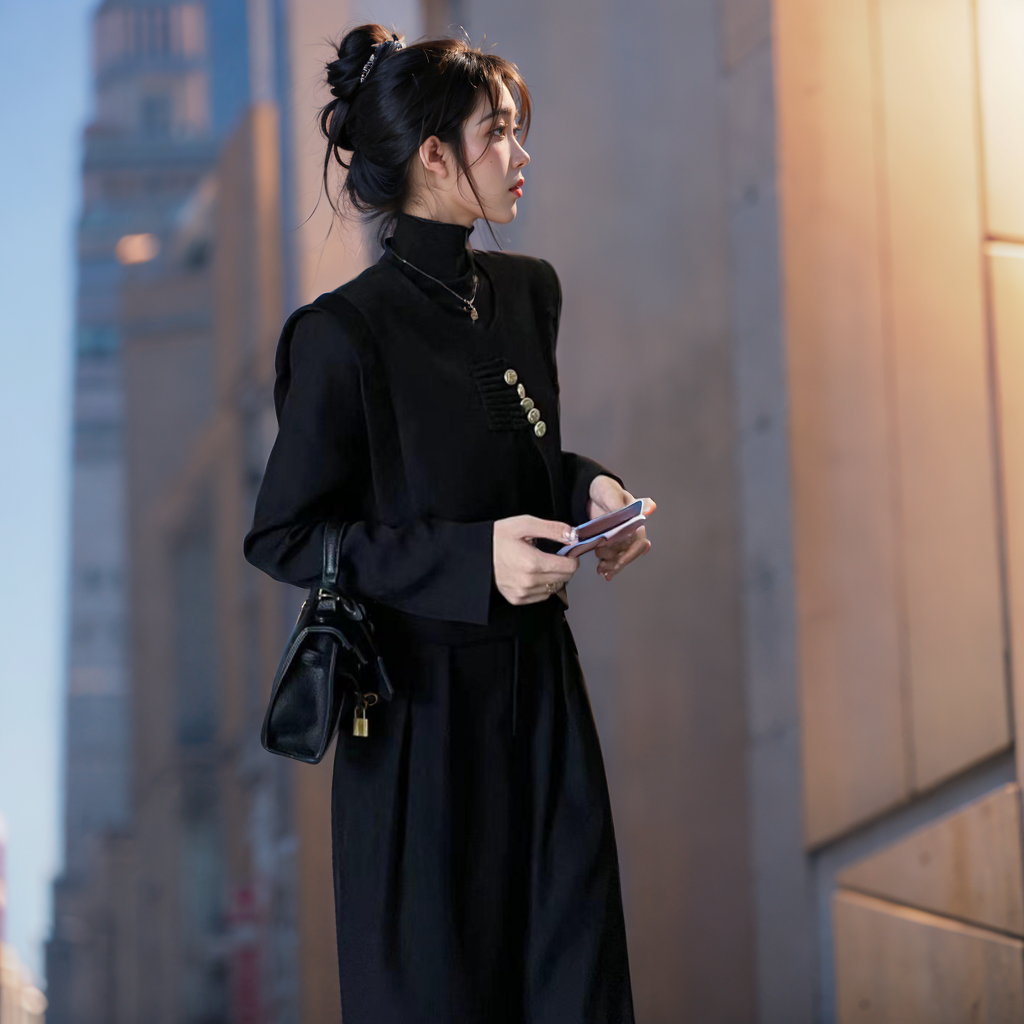 New Chinese Style Two-Piece Set for Women | Black Long Sleeve Slim Fit Top and Pants - Image 2