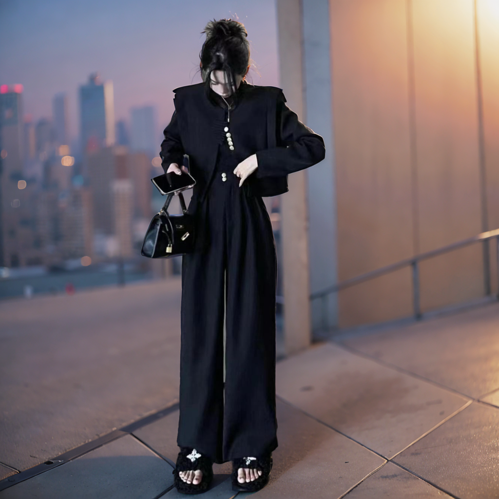 New Chinese Style Two-Piece Set for Women | Black Long Sleeve Slim Fit Top and Pants - Image 5