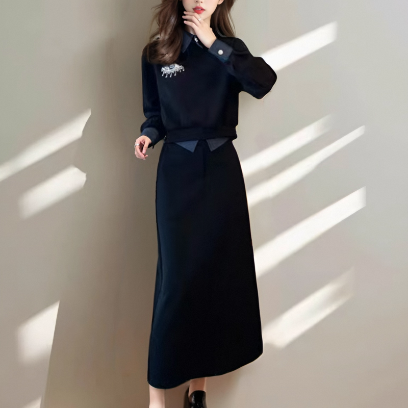 Premium Black Fashion Two-Piece Skirt Set for Women 2025 Spring Denim Spliced Hoodie and Skirt - Image 3