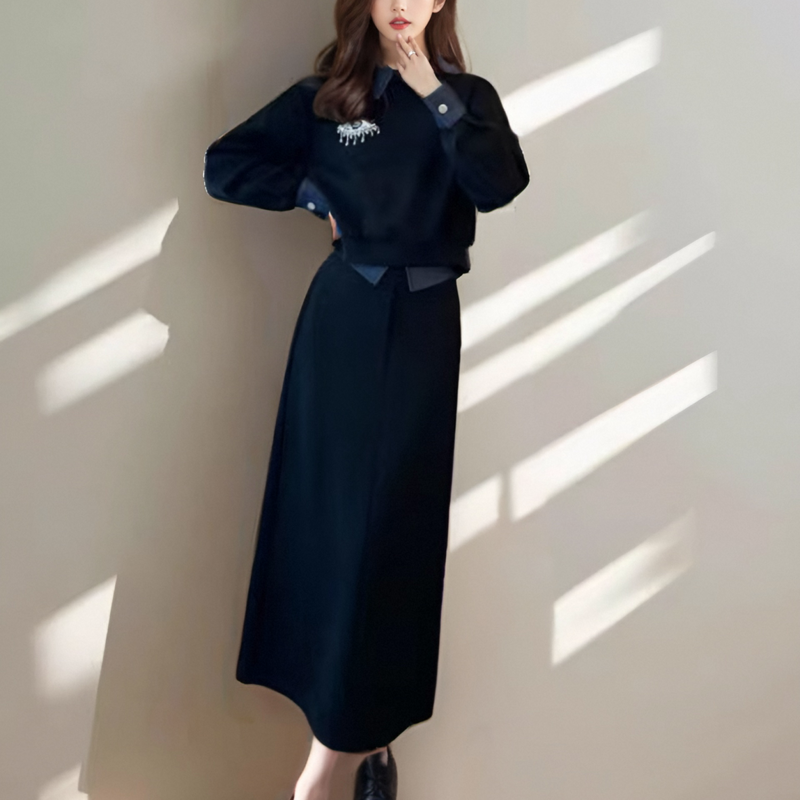 Premium Black Fashion Two-Piece Skirt Set for Women 2025 Spring Denim Spliced Hoodie and Skirt - Image 4