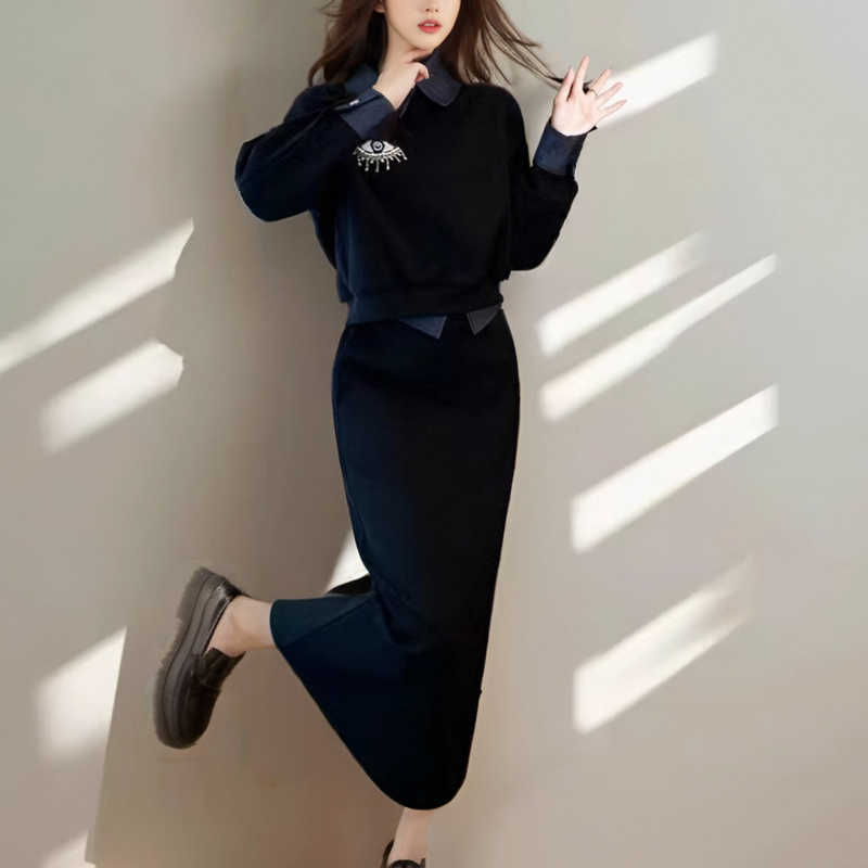 Premium Black Fashion Two-Piece Skirt Set for Women 2025 Spring Denim Spliced Hoodie and Skirt