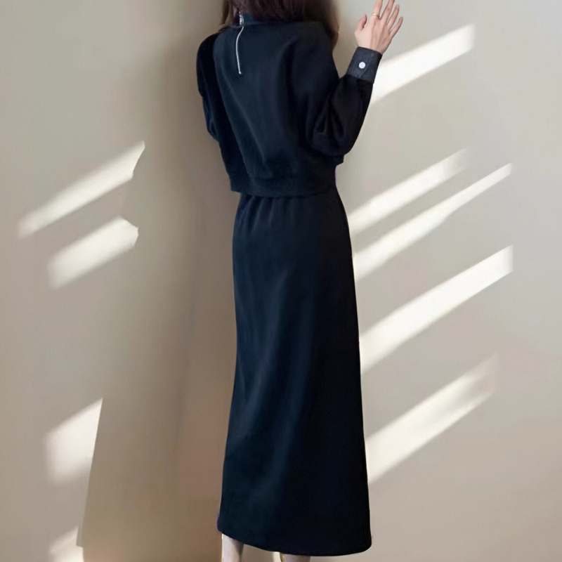 Premium Black Fashion Two-Piece Skirt Set for Women 2025 Spring Denim Spliced Hoodie and Skirt - Image 2