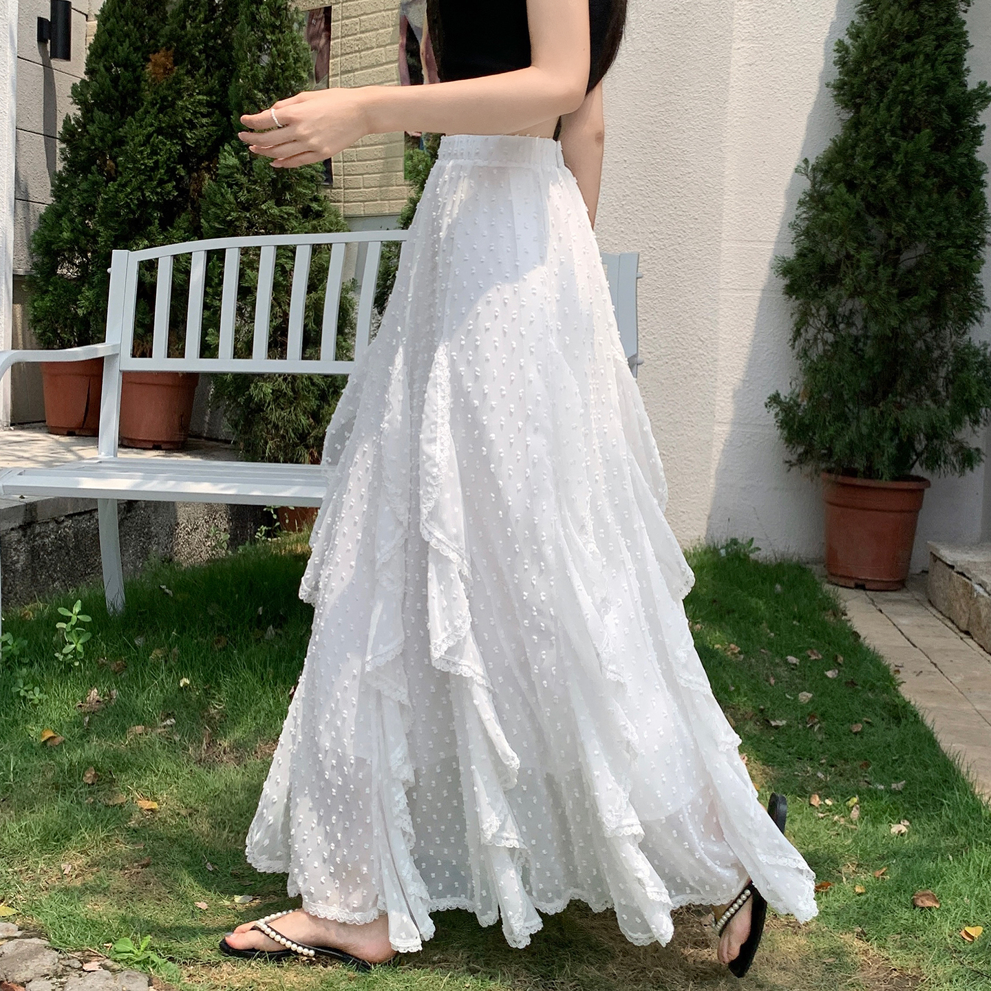 French Lace Irregular Tiered Skirt Women 2026 Summer High Waist Slimming Mid Length Skirt