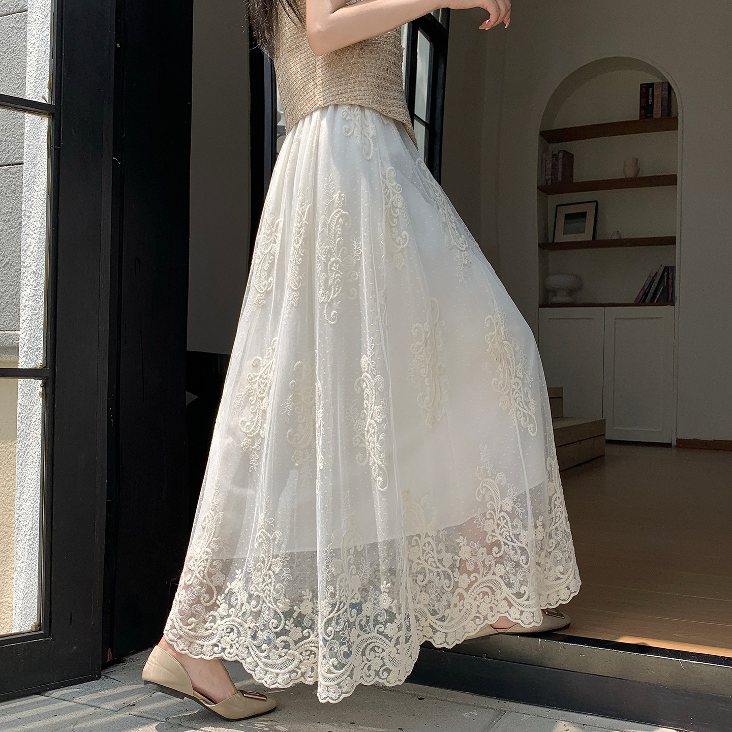 French Vintage Embroidered High Waist Flared Skirt