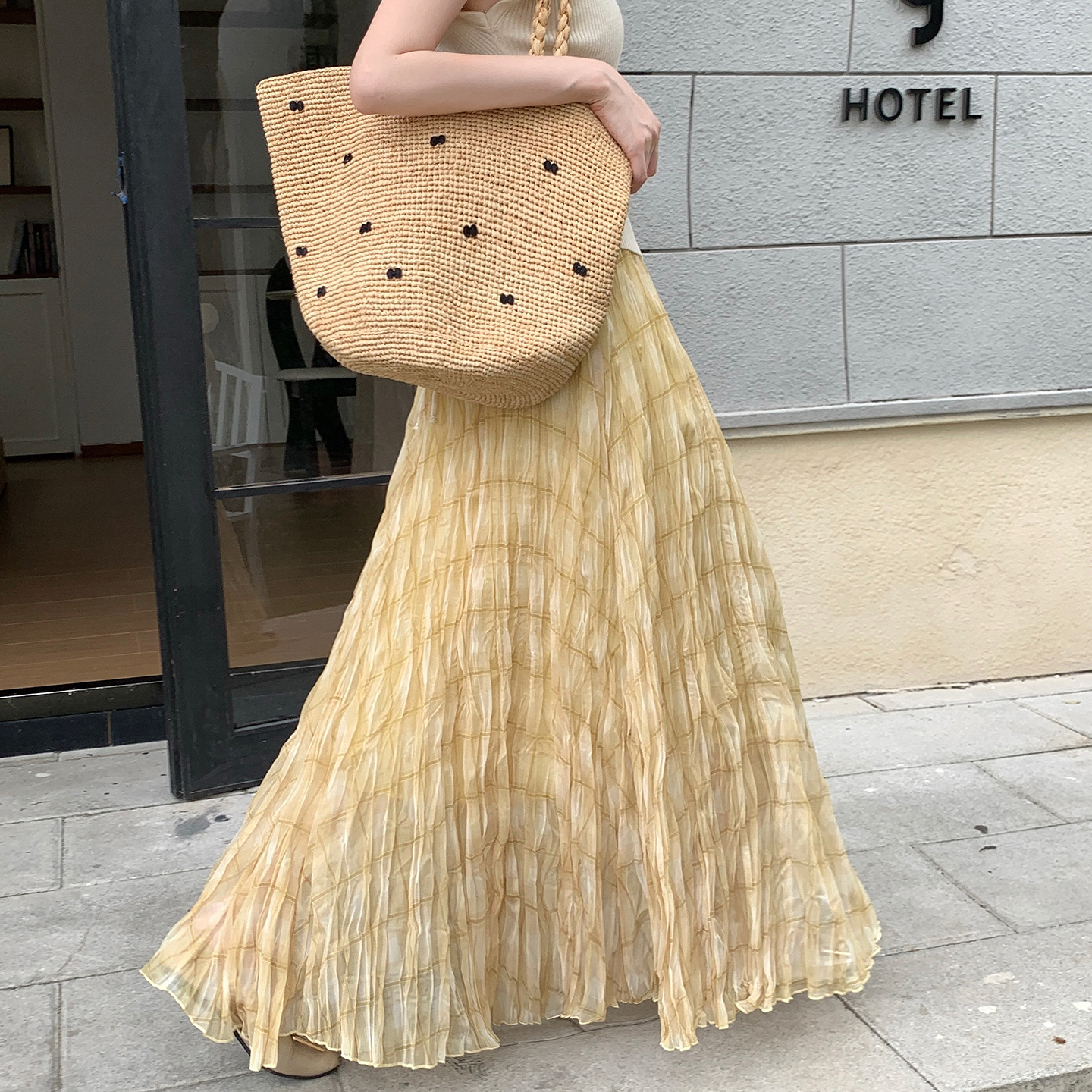 Women Summer Plaid Pleated Mesh A-Line Midi Skirt