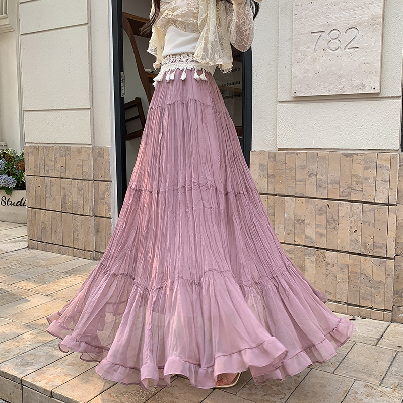 Women's White Patchwork Pleated Midi Skirt 2026 Spring Loose A-Line High Waist - Image 2