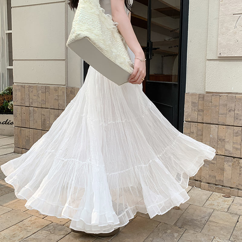 Women's White Patchwork Pleated Midi Skirt 2026 Spring Loose A-Line High Waist