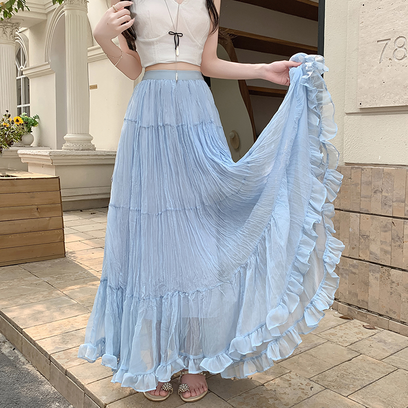 Women's White Patchwork Pleated Midi Skirt 2026 Spring Loose A-Line High Waist - Image 3