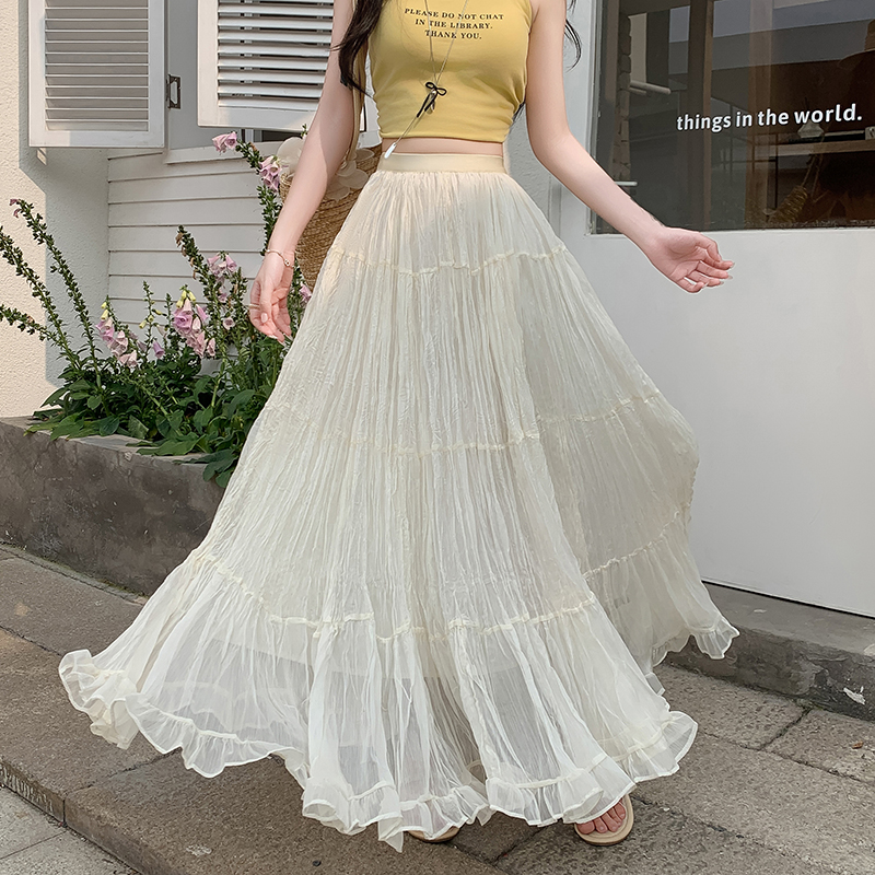 Women's White Patchwork Pleated Midi Skirt 2026 Spring Loose A-Line High Waist - Image 4