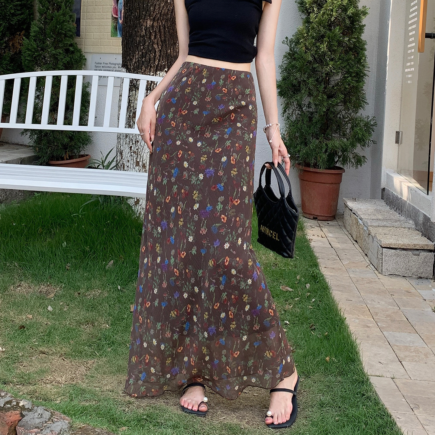 High Waist Vintage Floral Mermaid Skirt for Women Summer A-Line Tulle Long Slimming Skirt