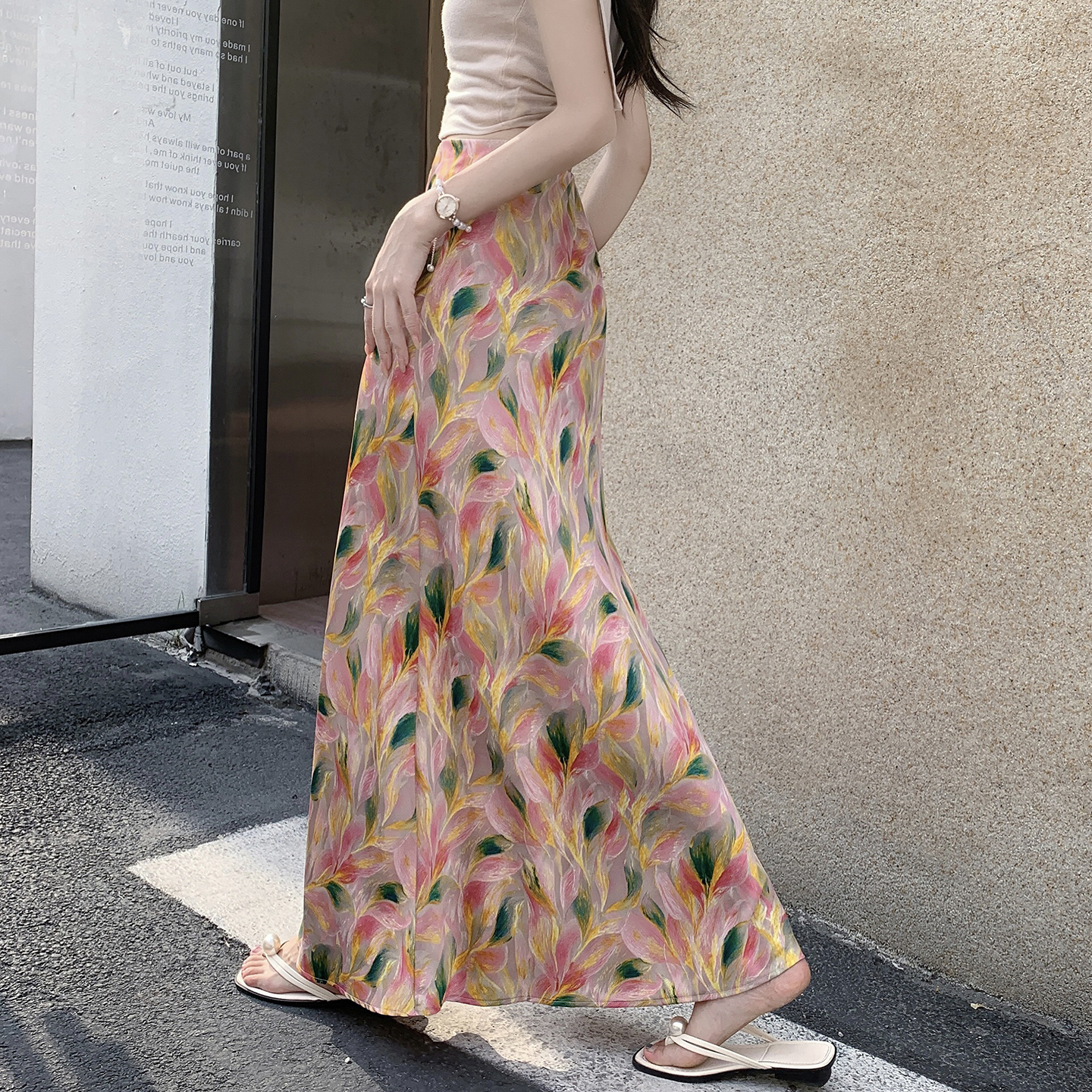 French Print Satin Midi Skirt Women Summer Thin 2026 High Waist A-Line Oil Painting Mermaid Skirt - Image 3
