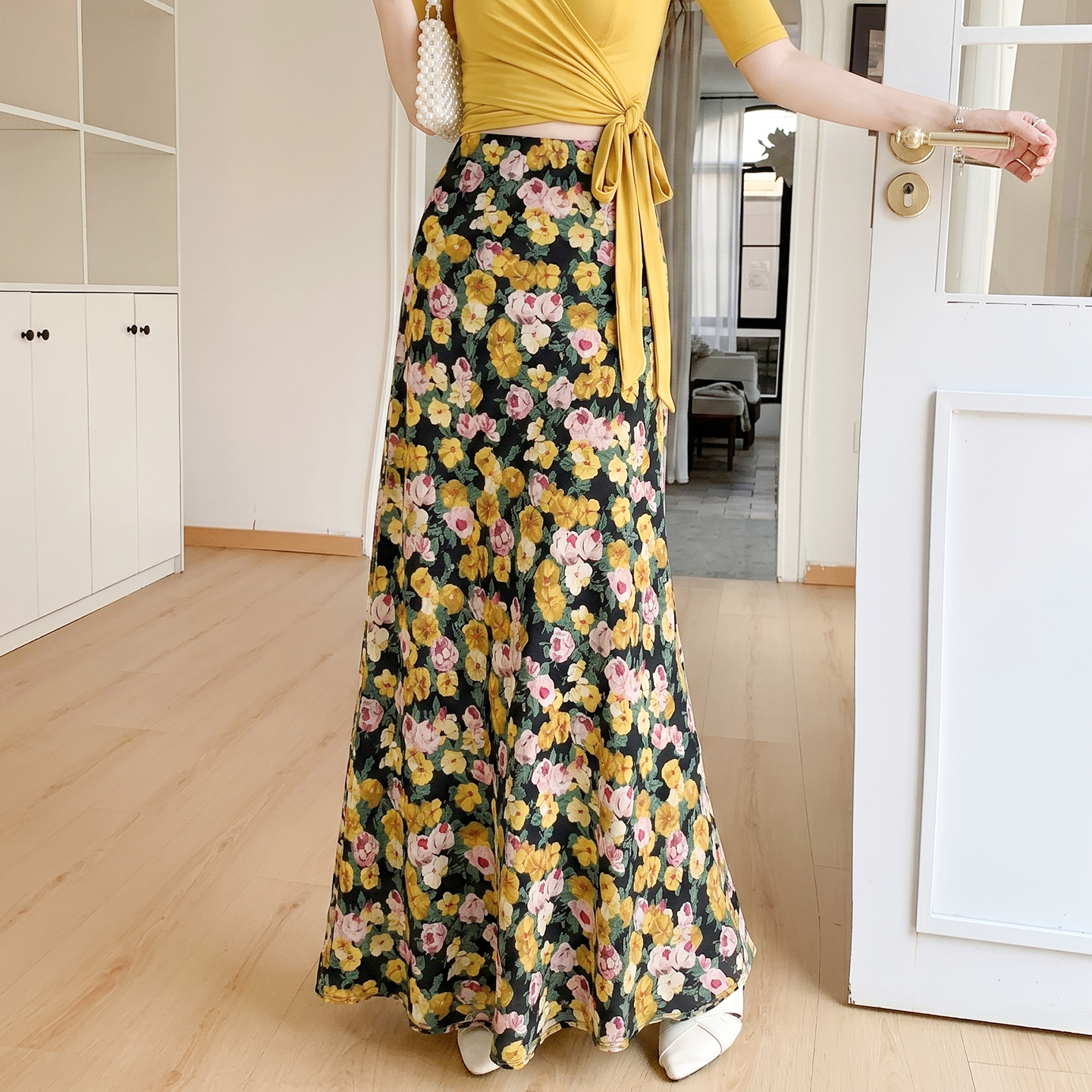 Yellow Rose Floral Mermaid Skirt for Women 2026 Summer High Waist Elastic Waist Slimming Midi Skirt