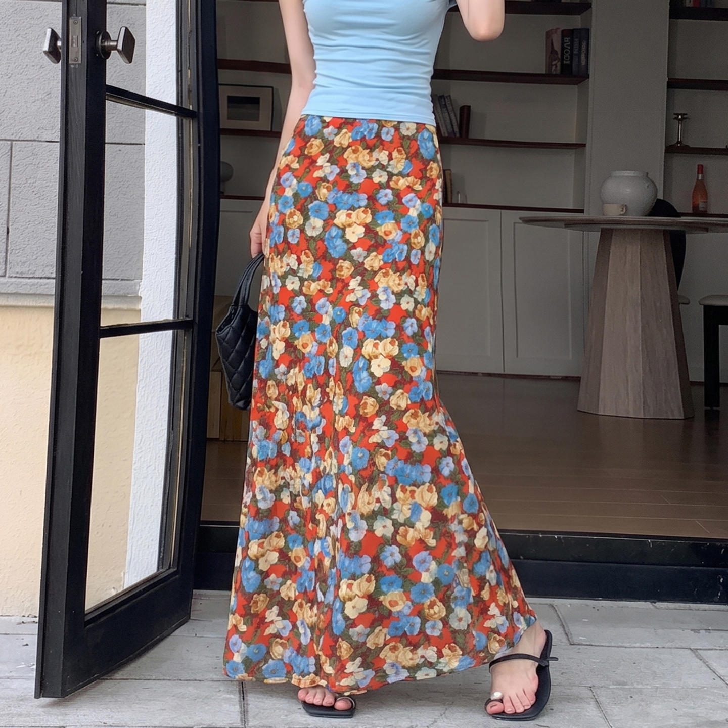 Yellow Rose Floral Mermaid Skirt for Women 2026 Summer High Waist Elastic Waist Slimming Midi Skirt - Image 3