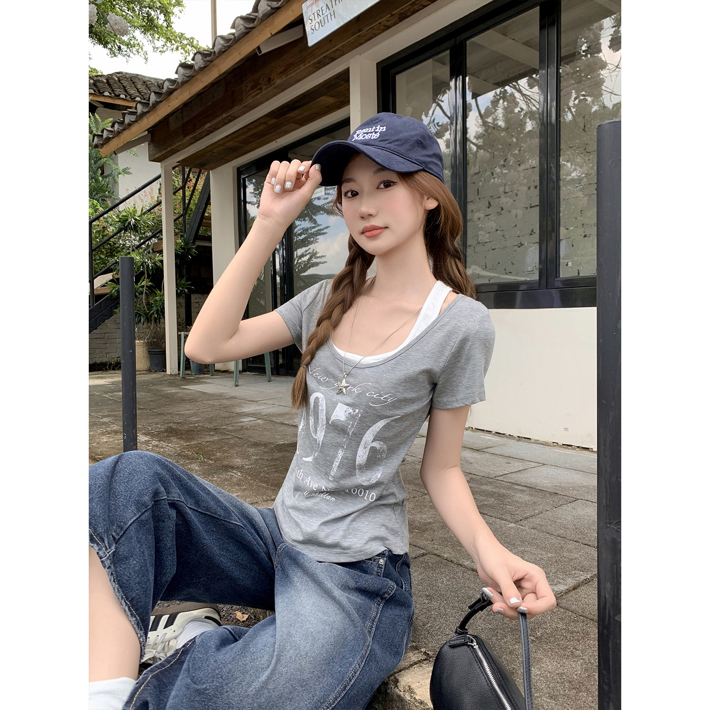 Women's Faux Two-Piece Halter U-Neck Short-Sleeve T-Shirt Summer Retro Print Slim Fit Top