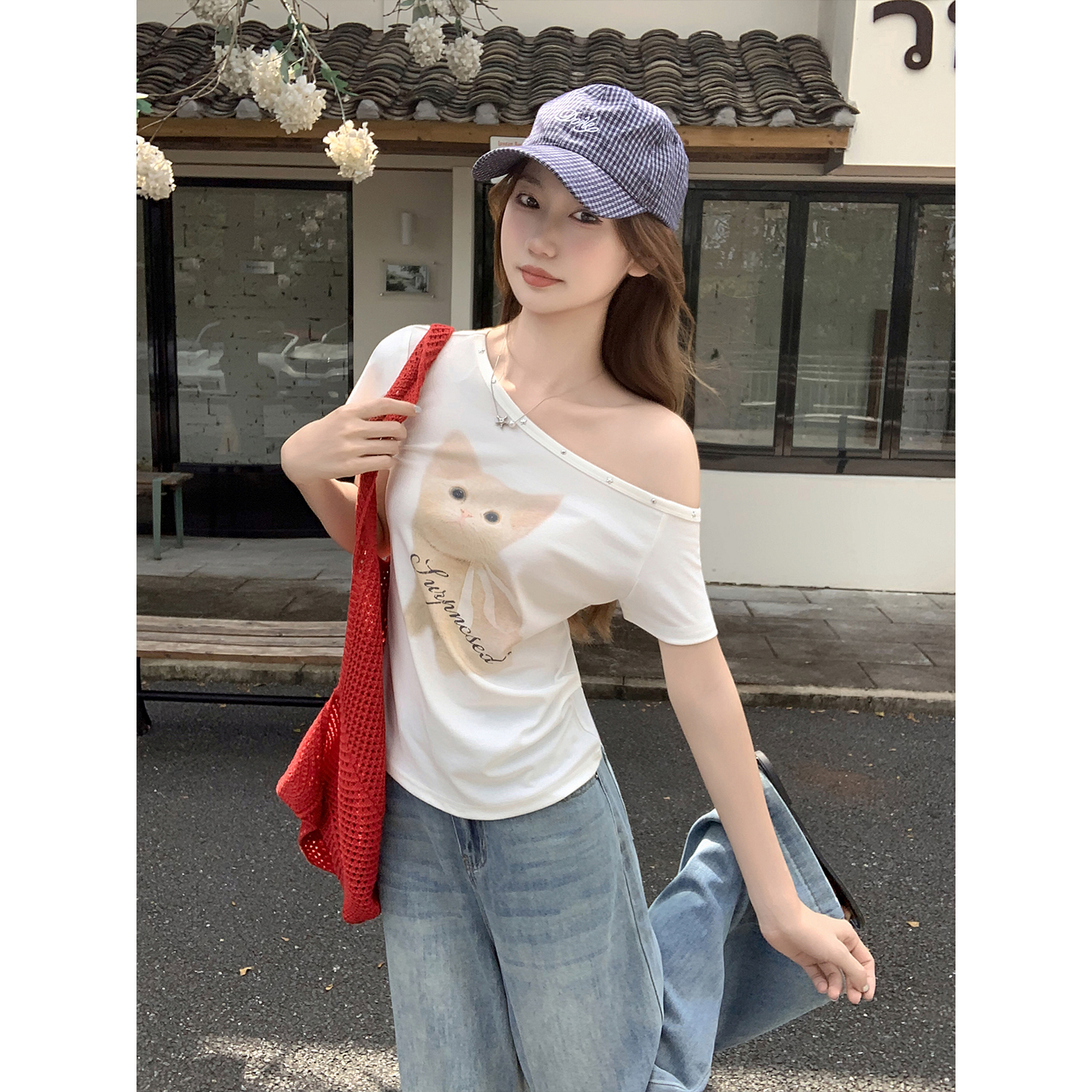Women's Slanted Neck Off-Shoulder Short Sleeve T-Shirt Summer Cat Print Slim Fit Top - Image 3