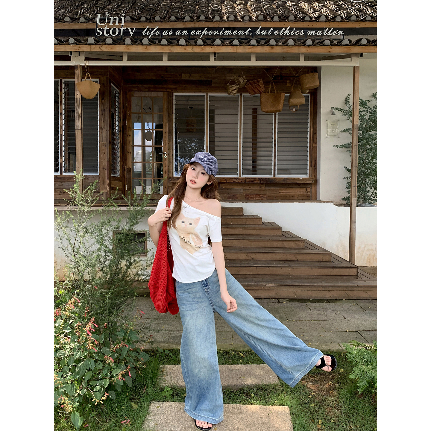Women's Slanted Neck Off-Shoulder Short Sleeve T-Shirt Summer Cat Print Slim Fit Top - Image 4