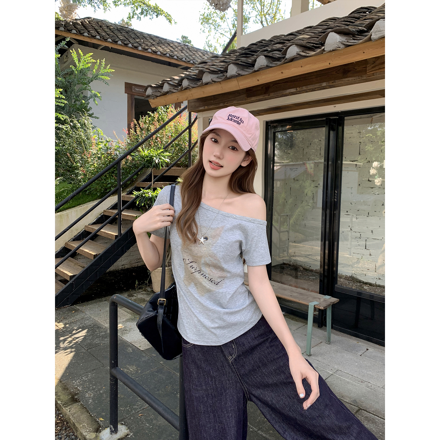 Women's Slanted Neck Off-Shoulder Short Sleeve T-Shirt Summer Cat Print Slim Fit Top - Image 2