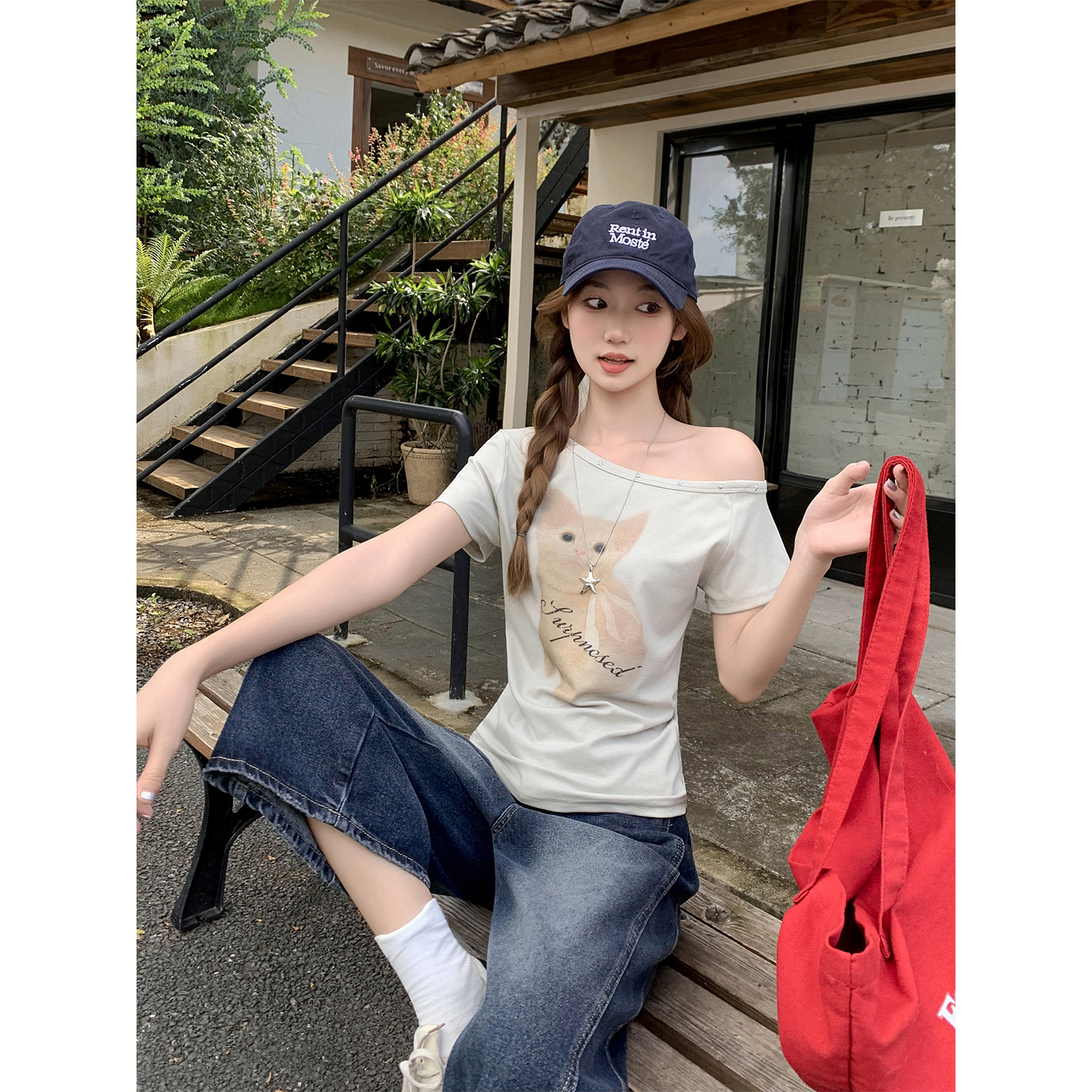 Women's Slanted Neck Off-Shoulder Short Sleeve T-Shirt Summer Cat Print Slim Fit Top - Image 5