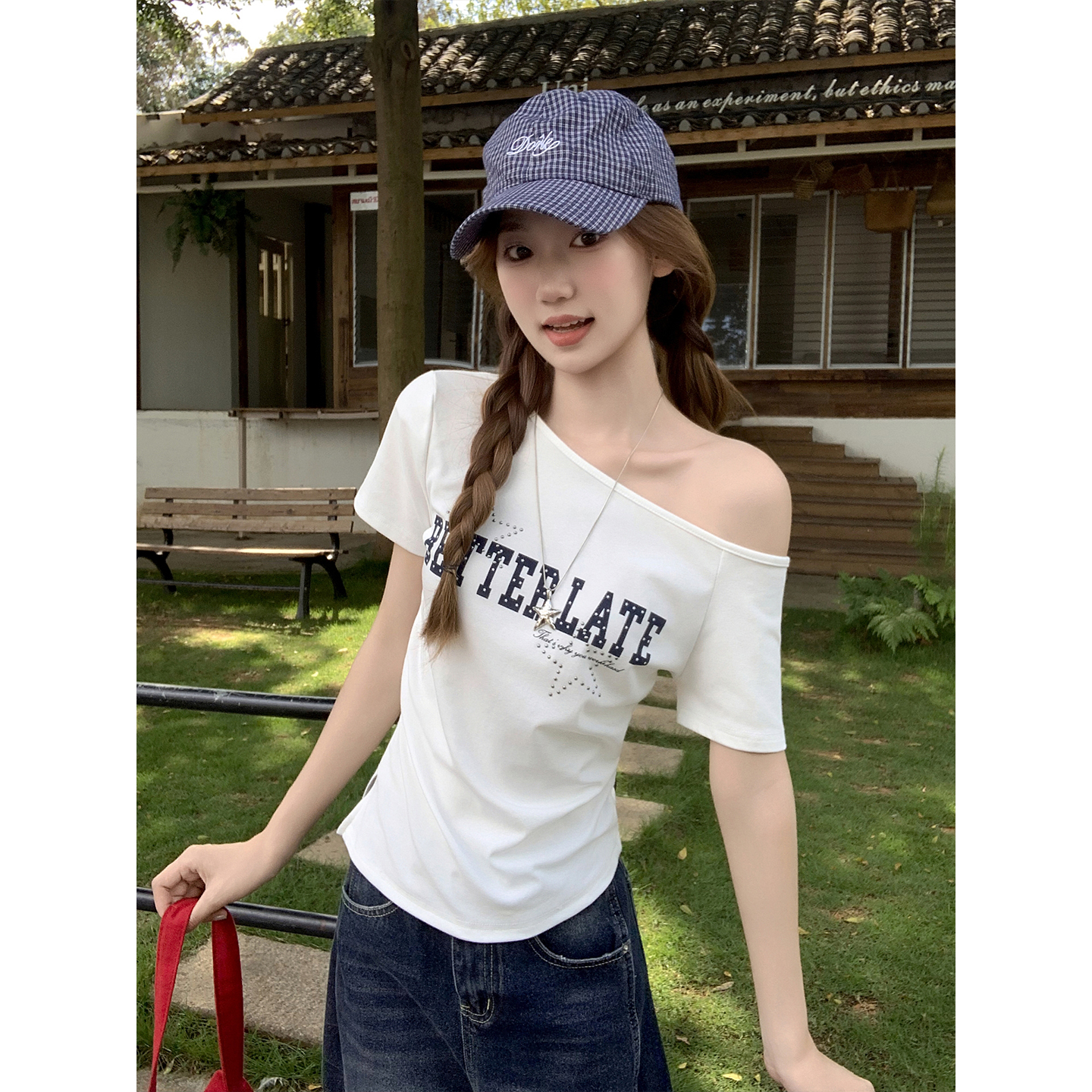 Korean Letter Print Asymmetric Off-Shoulder Short Sleeve T-Shirt for Women Summer New Side Waist Slimming Versatile Hot Girl Top