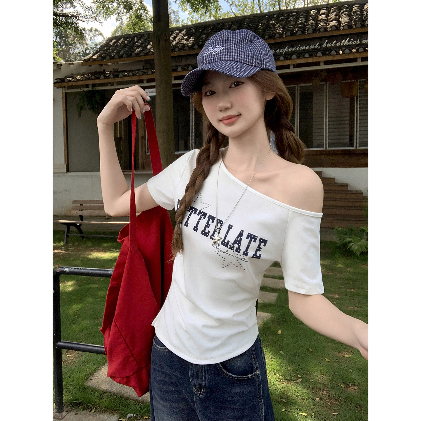 Korean Letter Print Asymmetric Off-Shoulder Short Sleeve T-Shirt for Women Summer New Side Waist Slimming Versatile Hot Girl Top - Image 2