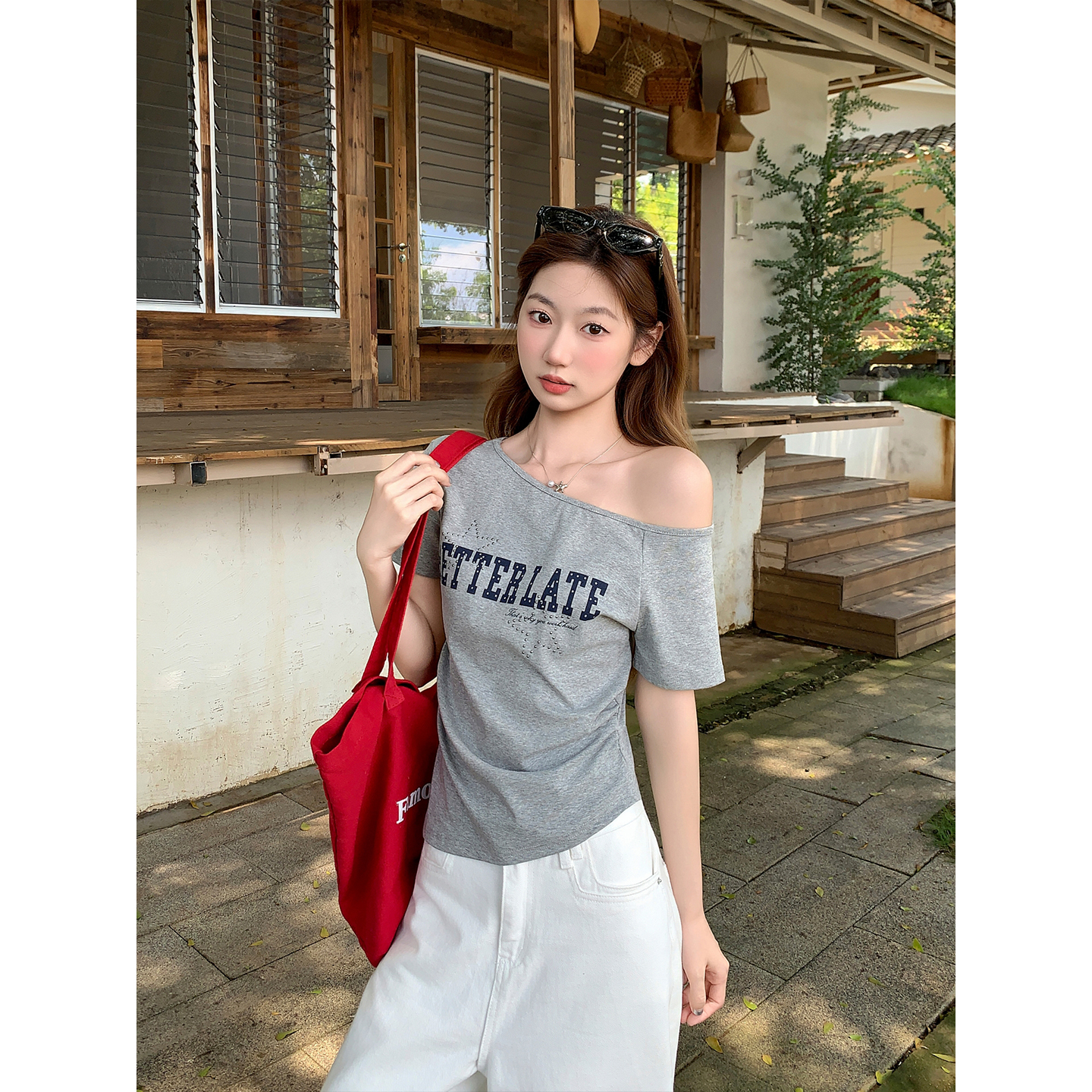 Korean Letter Print Asymmetric Off-Shoulder Short Sleeve T-Shirt for Women Summer New Side Waist Slimming Versatile Hot Girl Top - Image 4