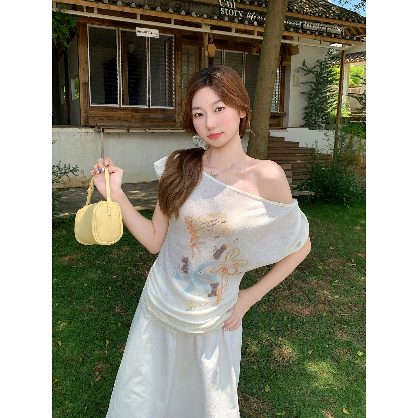 Women Summer One-Shoulder Twist Neck Short Sleeve Letter Print Slim Fit T-Shirt
