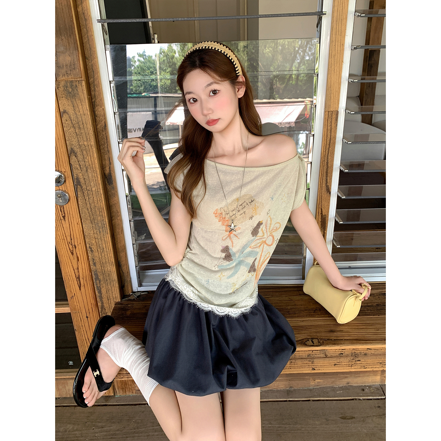 Women Summer One-Shoulder Twist Neck Short Sleeve Letter Print Slim Fit T-Shirt - Image 4