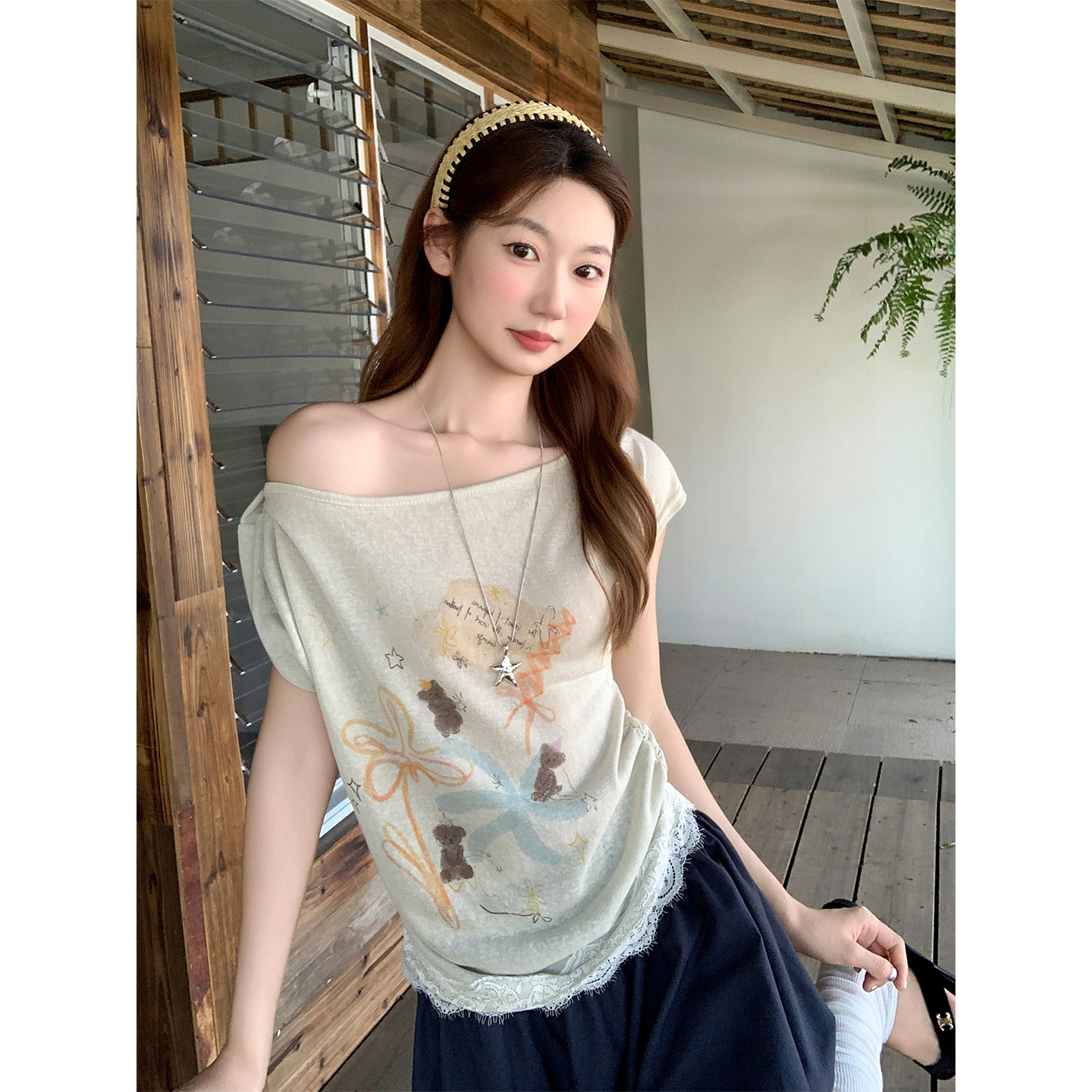 Women Summer One-Shoulder Twist Neck Short Sleeve Letter Print Slim Fit T-Shirt - Image 5
