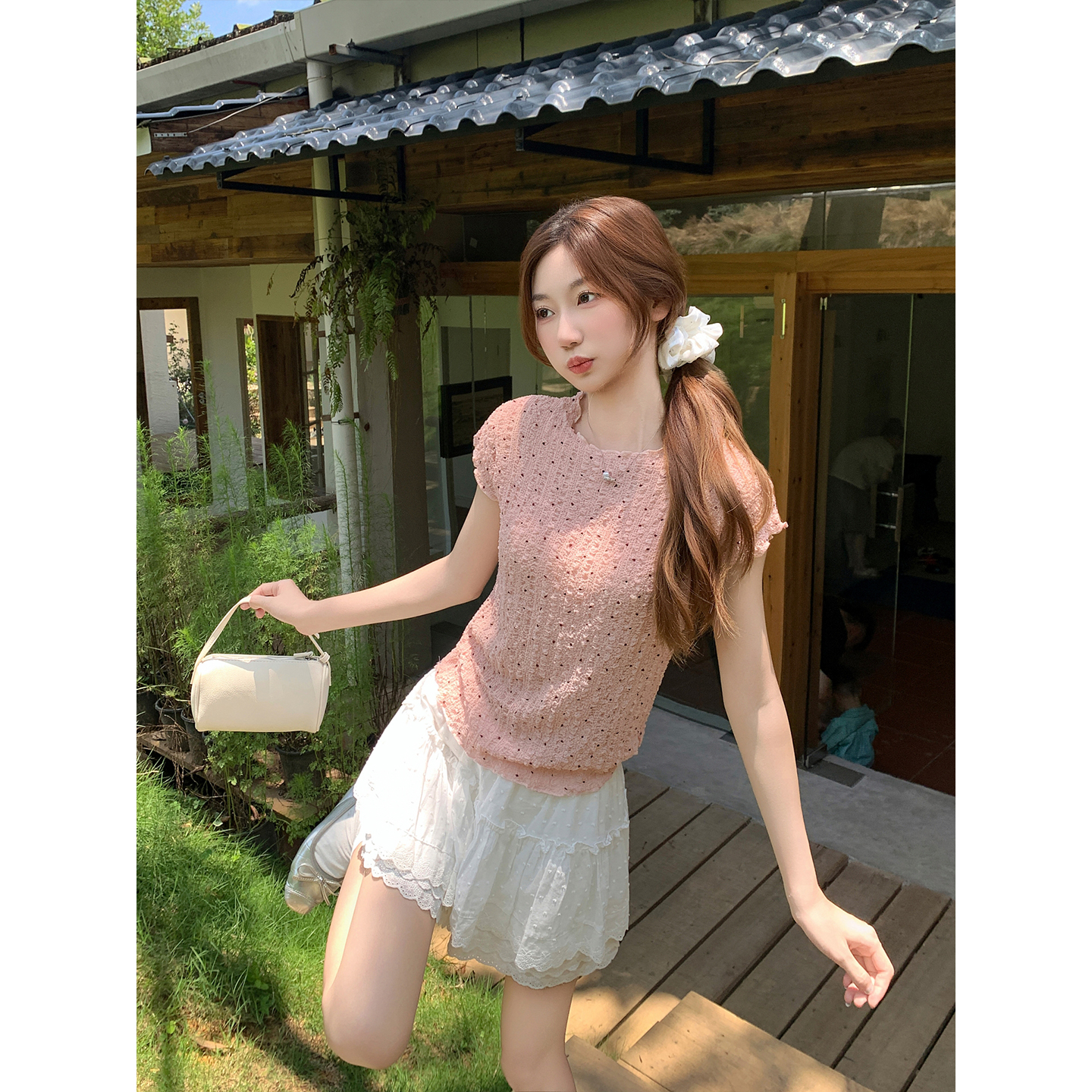 Pure Desire Style Wood Ear Edge Round Neck Polka Dot Short Sleeve T-Shirt Women Summer New Pleated Slimming Versatile Hot Girl Top