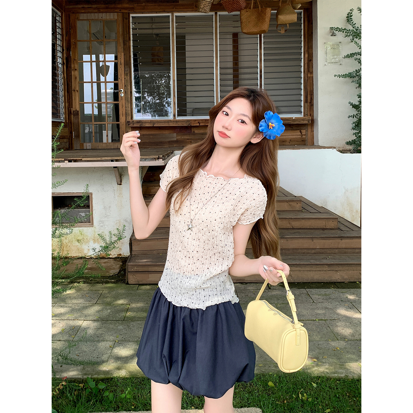 Pure Desire Style Wood Ear Edge Round Neck Polka Dot Short Sleeve T-Shirt Women Summer New Pleated Slimming Versatile Hot Girl Top - Image 5