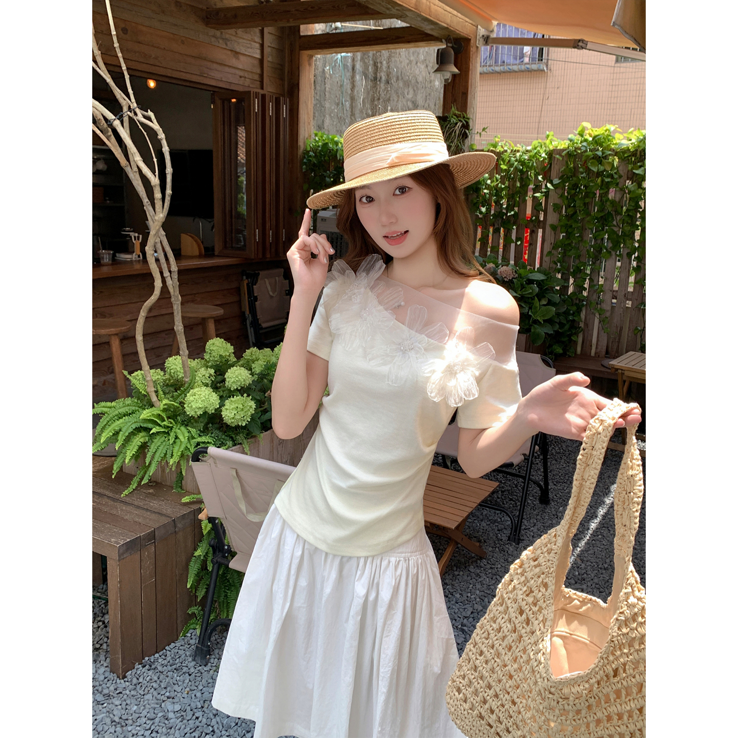 Women's Sheer Mesh Floral Asymmetric Off-Shoulder Slim Fit T-Shirt Summer 2026