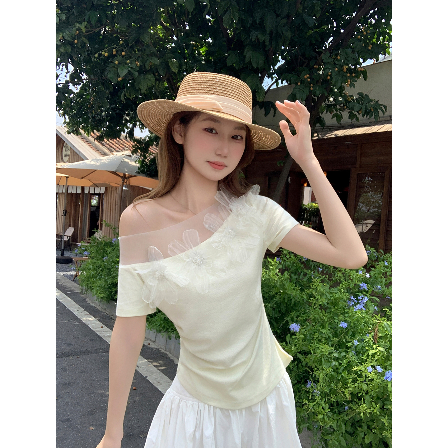 Women's Sheer Mesh Floral Asymmetric Off-Shoulder Slim Fit T-Shirt Summer 2026 - Image 3