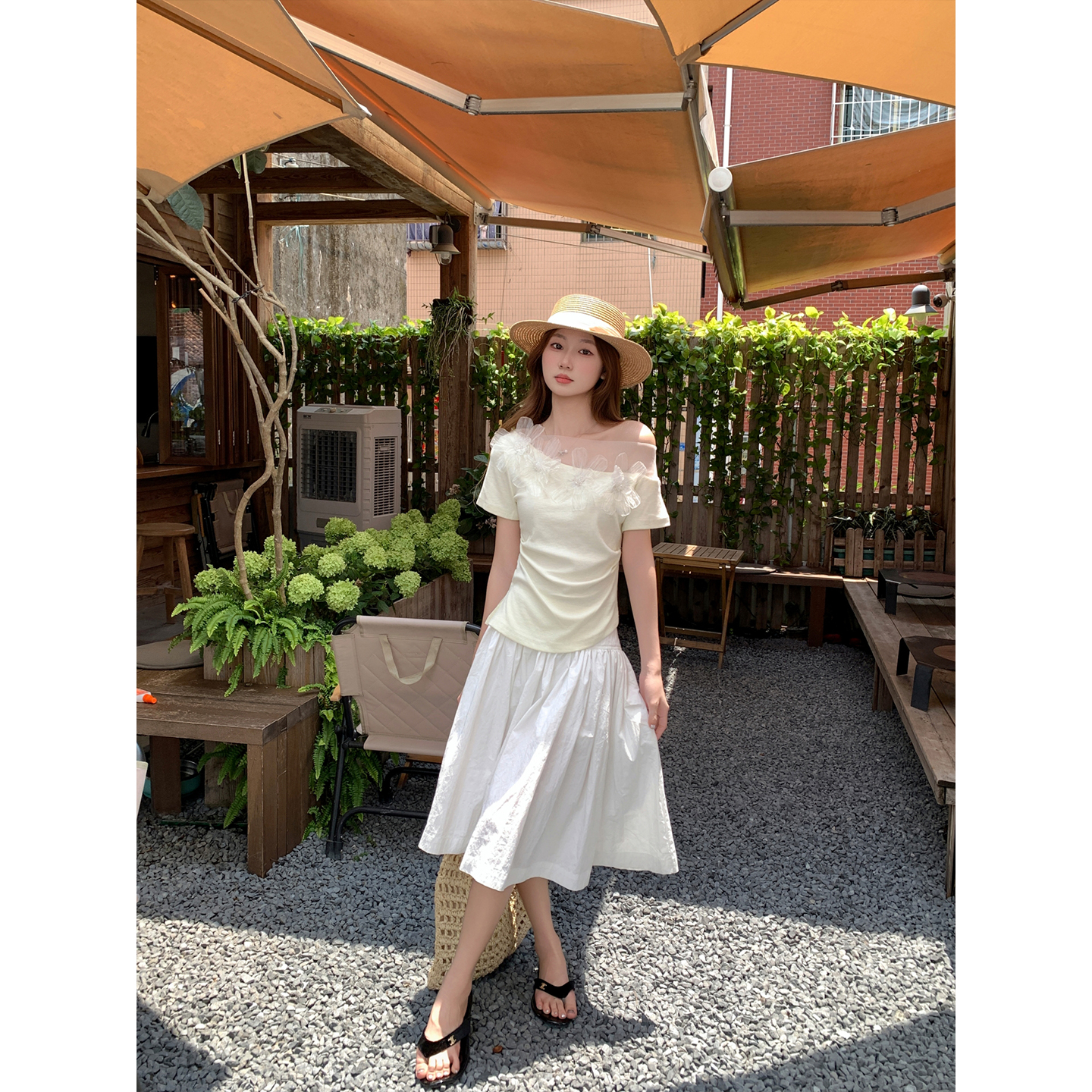Women's Sheer Mesh 3D Floral Off-Shoulder Short Sleeve T-Shirt Summer Slim Fit Top - Image 4
