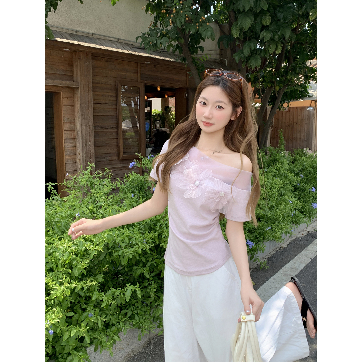 Women's Sheer Mesh 3D Floral Off-Shoulder Short Sleeve T-Shirt Summer Slim Fit Top