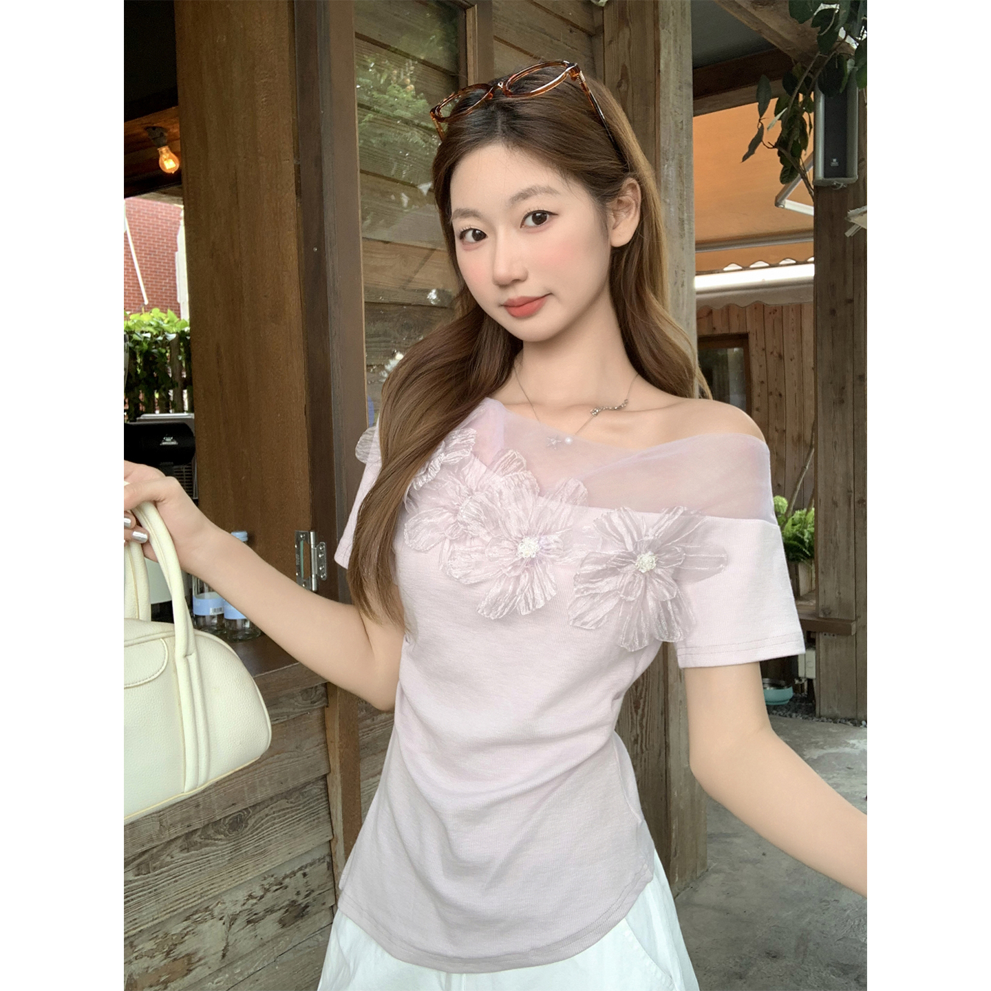 Women's Sheer Mesh 3D Floral Off-Shoulder Short Sleeve T-Shirt Summer Slim Fit Top - Image 2