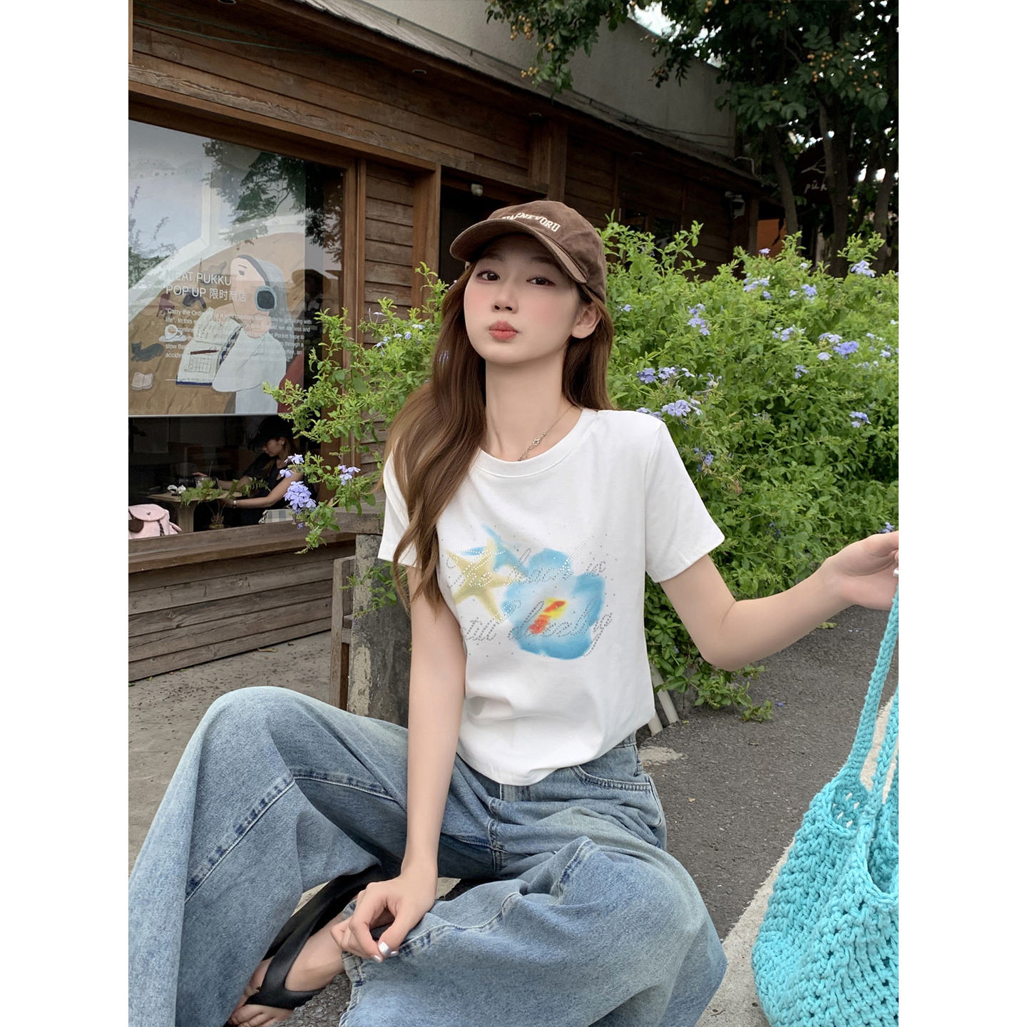 Women's Slim Fit Short Sleeve T-Shirt with Rhinestone Letter Print