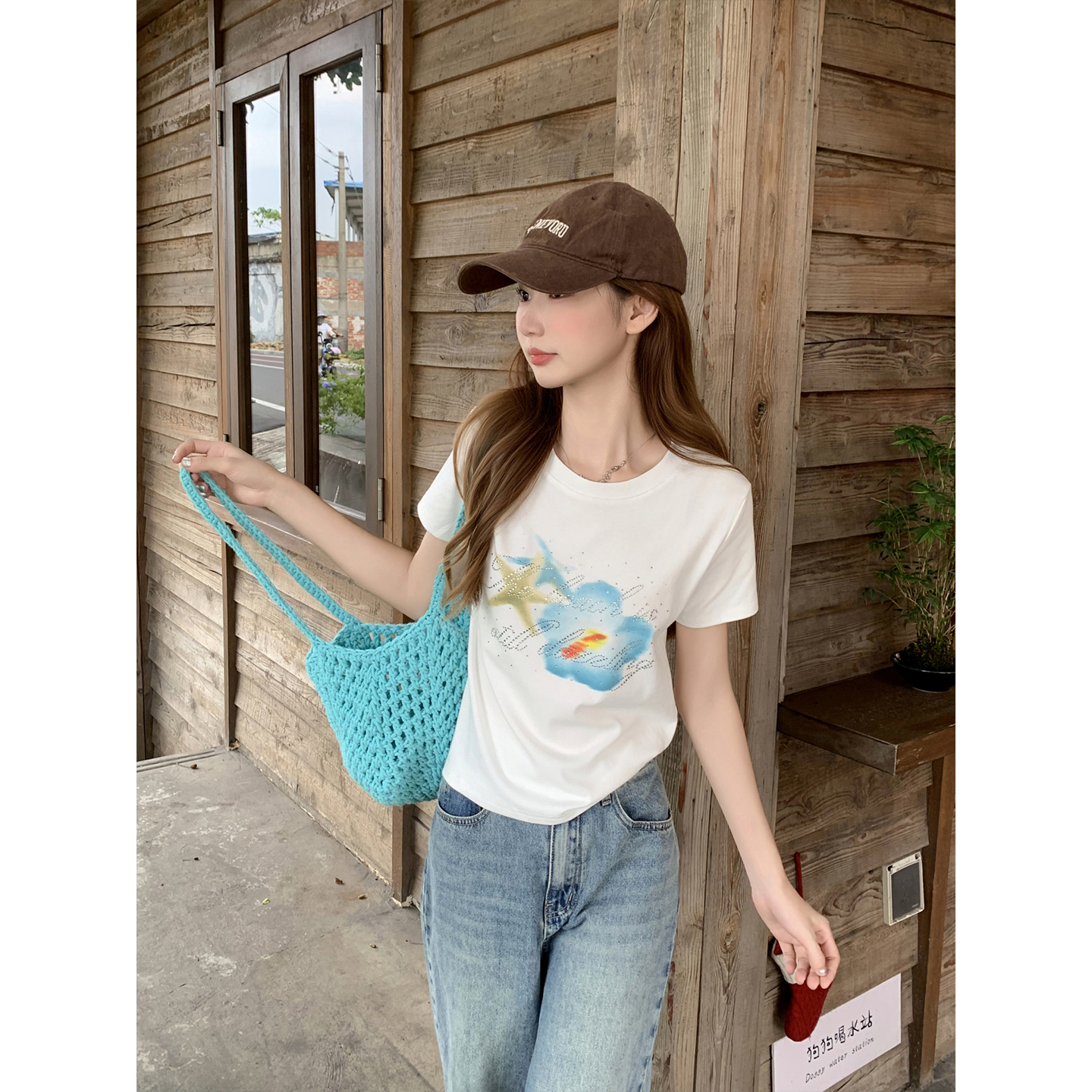 Women's Slim Fit Short Sleeve T-Shirt with Rhinestone Letter Print - Image 2