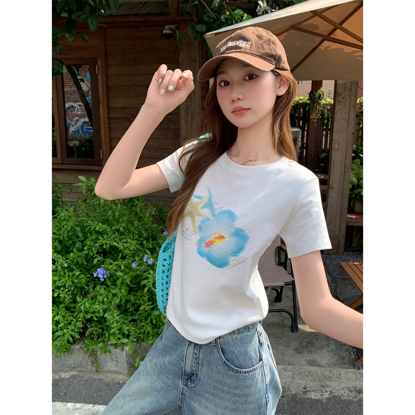 Women's Slim Fit Short Sleeve T-Shirt with Rhinestone Letter Print - Image 5