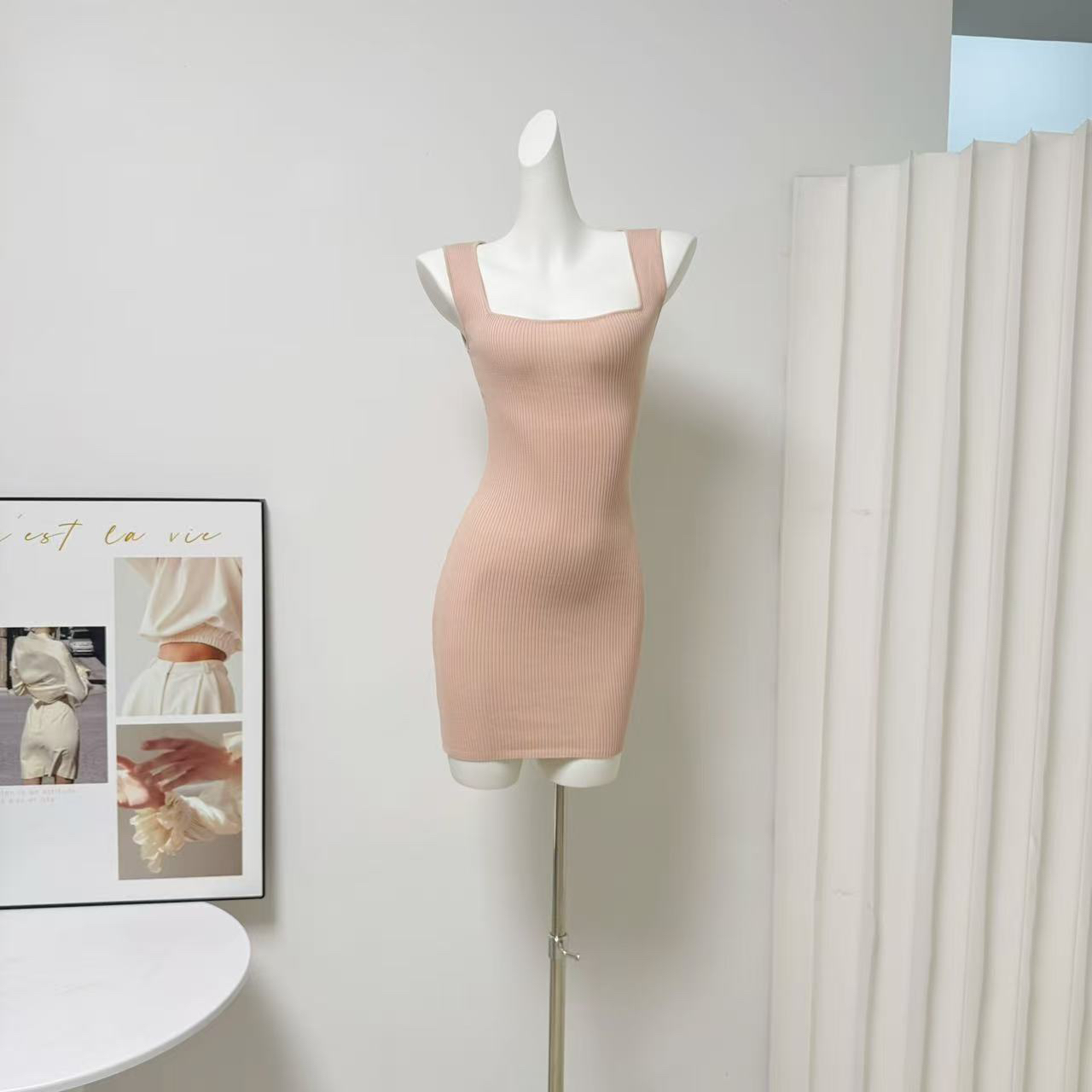 Square Neck Knit Bodycon Dress for Women Slim Fit