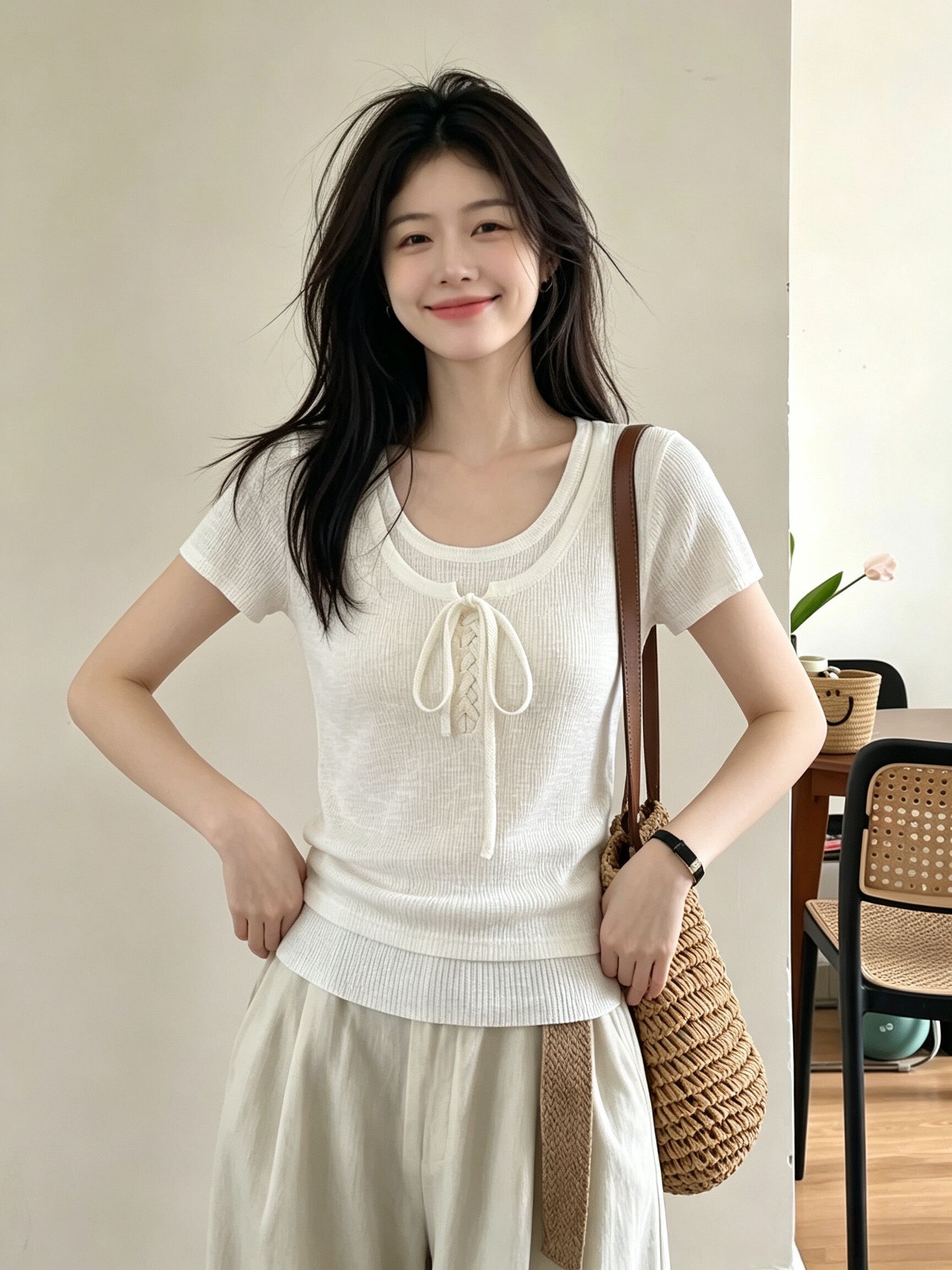 Women's Summer French Style Short Sleeve Knit Top with Color Block Faux Two Piece Design - Image 4