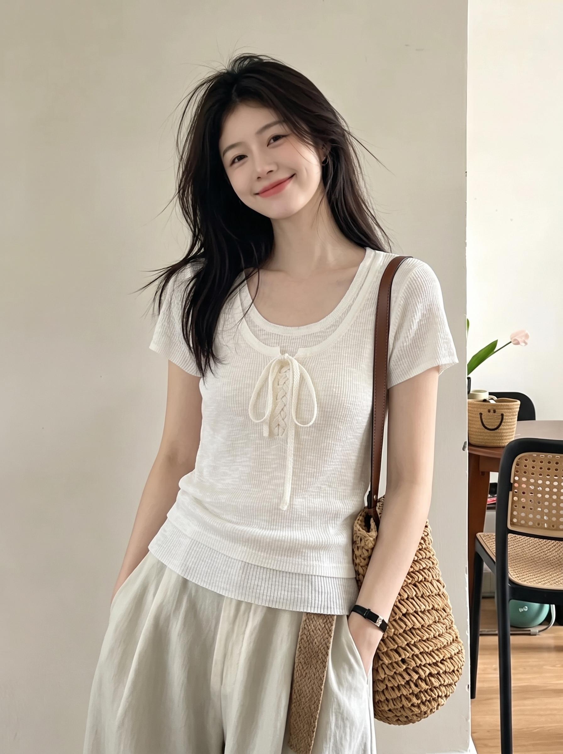 Women's Summer French Style Short Sleeve Knit Top with Color Block Faux Two Piece Design
