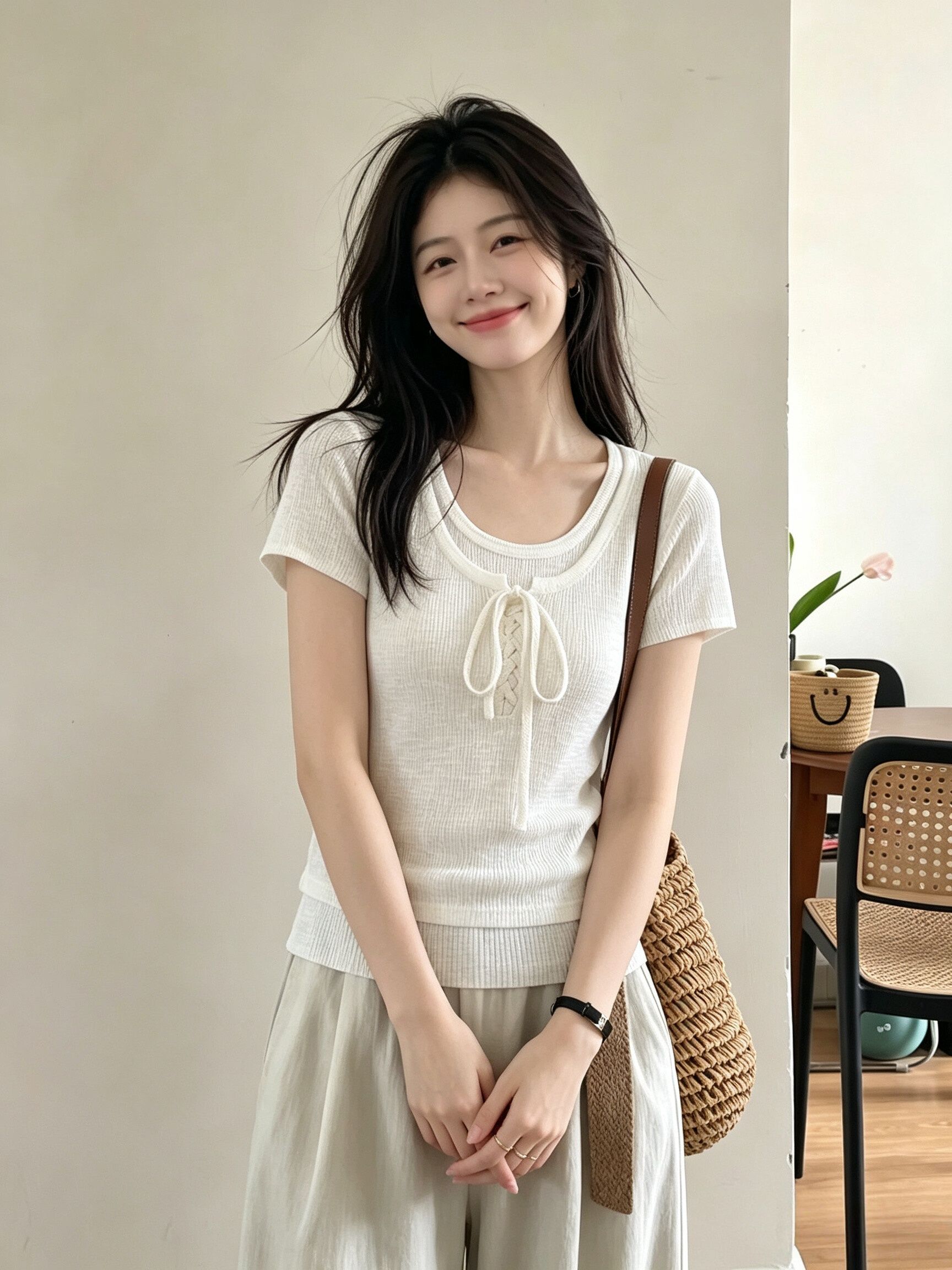 Women's Summer French Style Short Sleeve Knit Top with Color Block Faux Two Piece Design - Image 3