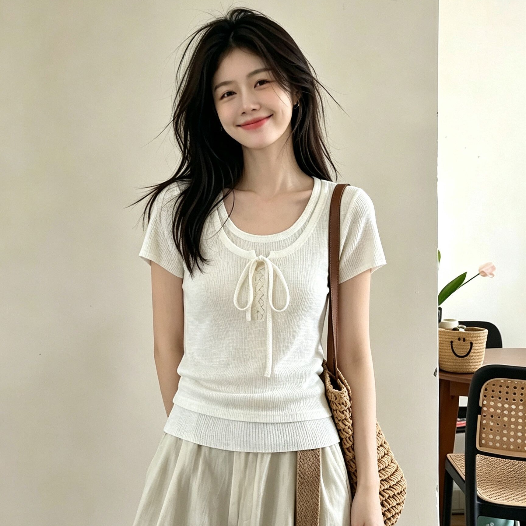 Women's Summer French Style Short Sleeve Knit Top with Color Block Faux Two Piece Design - Image 5