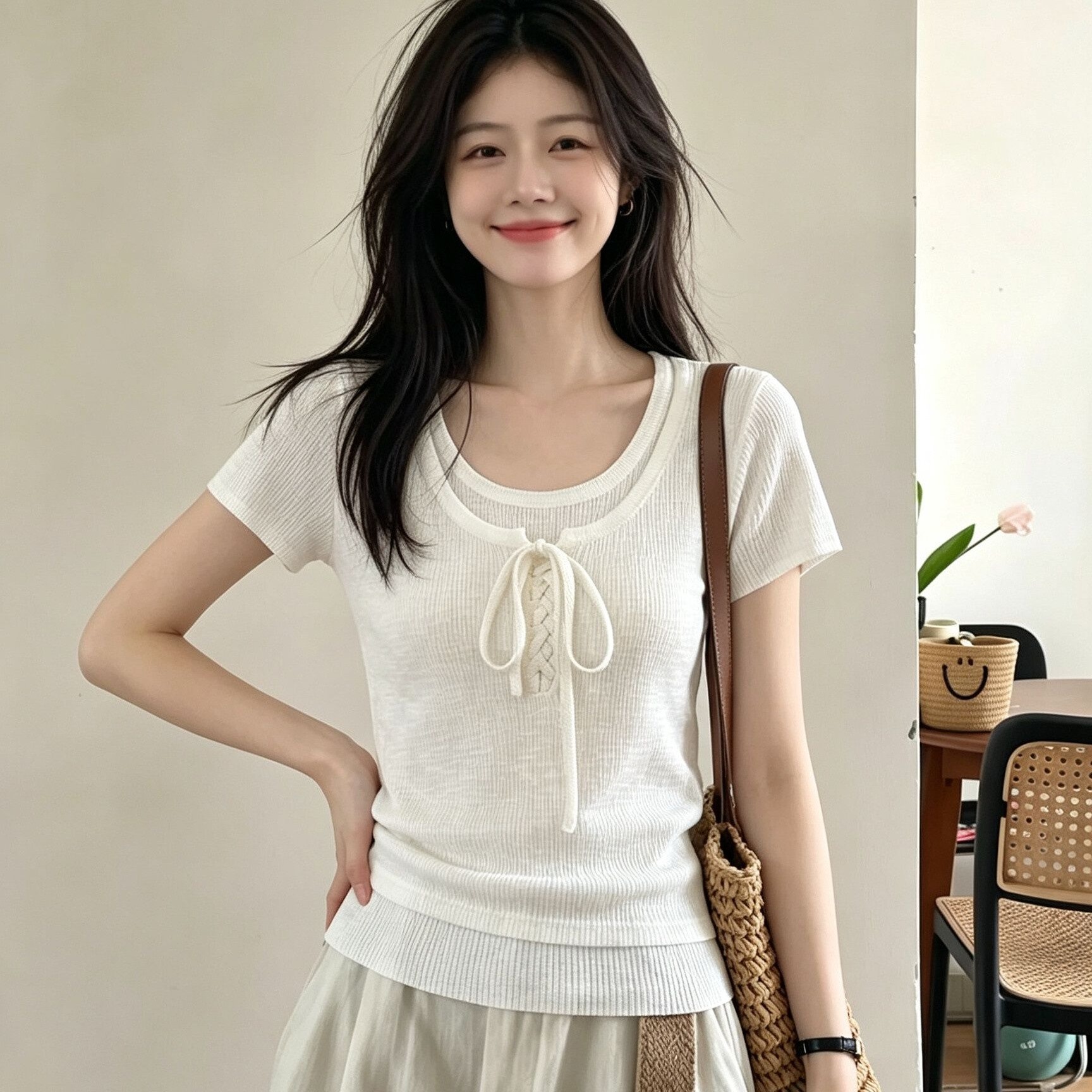 Women's Summer French Style Short Sleeve Knit Top with Color Block Faux Two Piece Design - Image 2