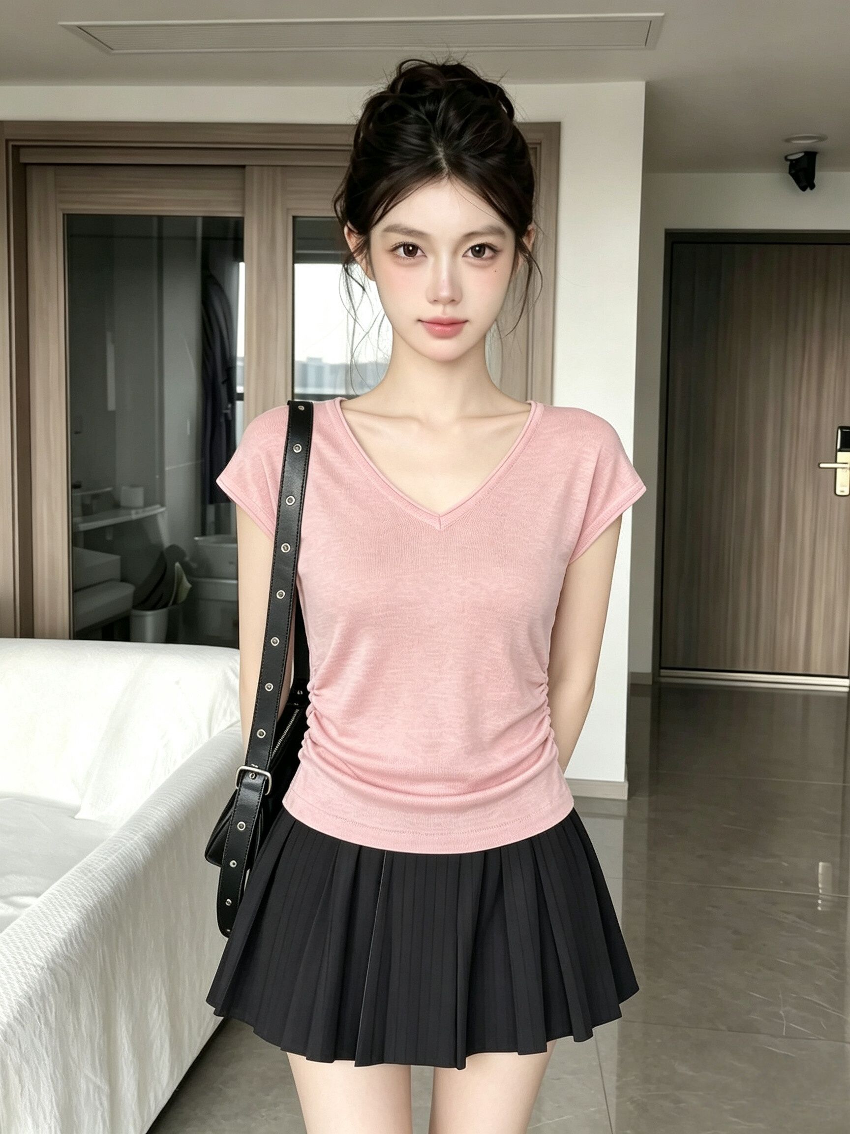 French Style Pink V-Neck Knit Top for Women Summer Short Sleeve T-Shirt - Image 4